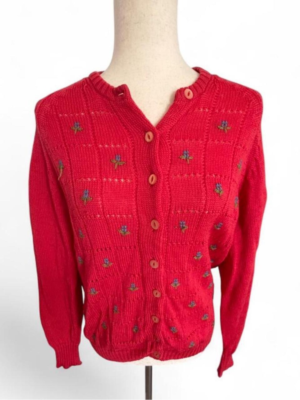 Vintage 90s Red Embroidered Virgin Wool Floral Cardigan Grandmacore Handmade